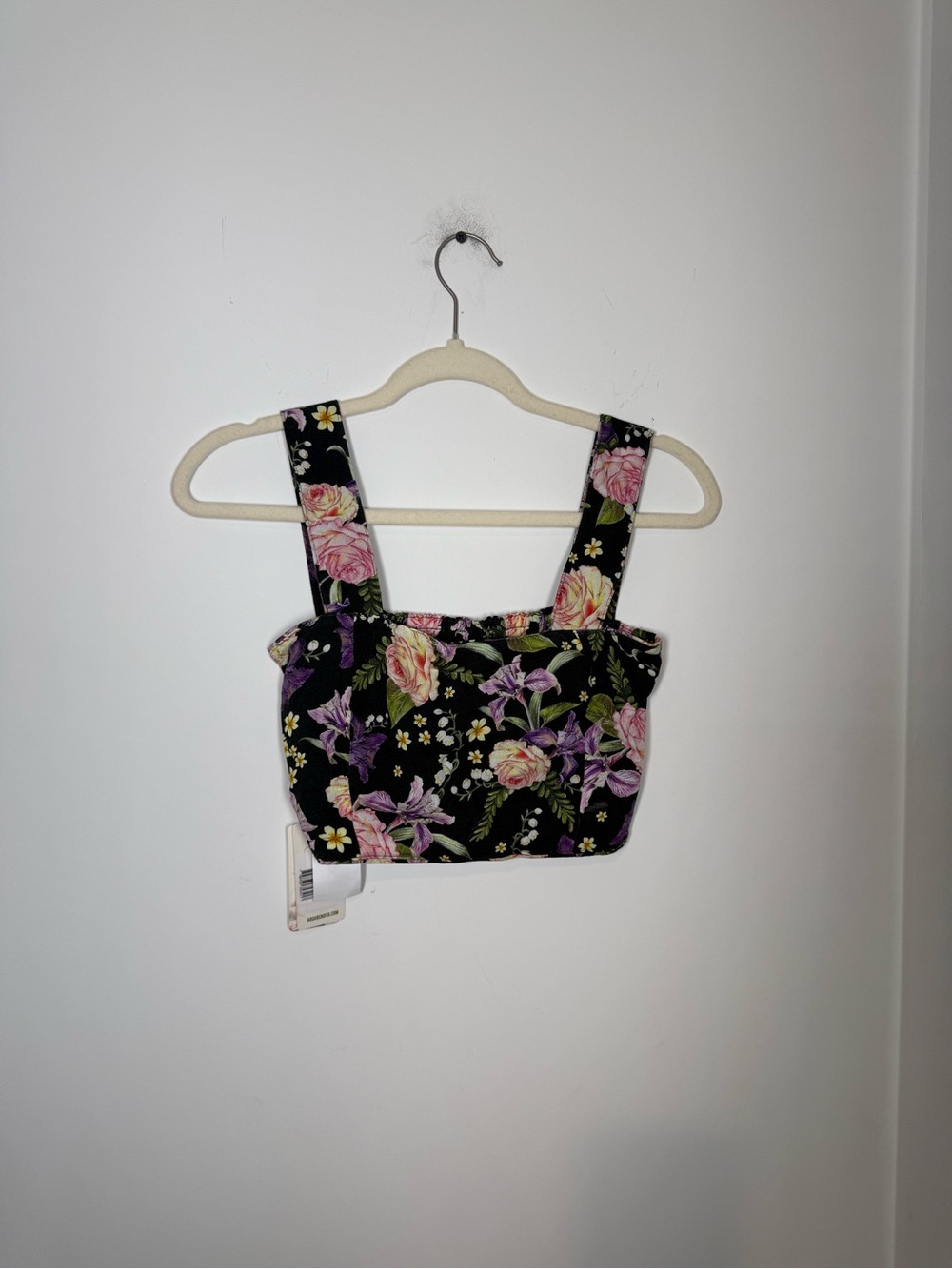 Agua Bendita Floral Smocked Crop Top Black Pink Purple Size S NWT